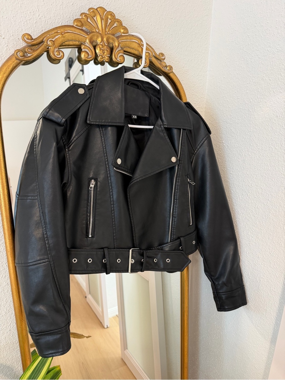 Black Faux Leather Biker Jacket with Belt